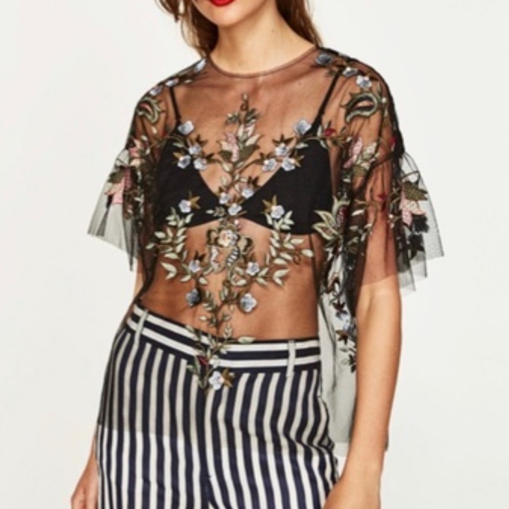 Zara Black Sheer Embroidered Floral Crop Top
